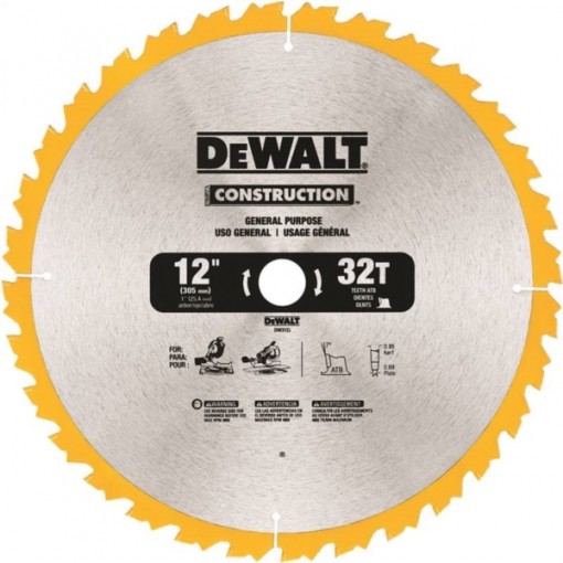 DeWALT DW3123 Saw Blade, 12 in Dia, Carbide Cutting Edge, 1 in Arbor, Carbide