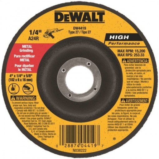 DeWALT DW4419 Depressed Center, High Performance, Type 27 Grinding Wheel, 5/8 in Arbor, 24-Grit, Aluminum Oxide