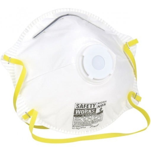 SAFETY WORKS 10102483 Disposable Respirator with Exhalation Valve, One Size Mask, Polyester, White