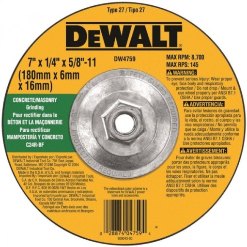 DeWALT DW4759 High Performance, Type 27 Grinding Wheel, 5/8-11 in Arbor, 24-Grit, Silicone Carbide, 7 in Dia