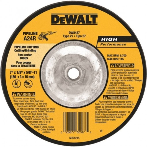 DeWALT DW8437 High Performance, Type 27 Grinding Wheel, 5/8-11 in Arbor, 24-Grit, Aluminum Oxide, 7 in Dia