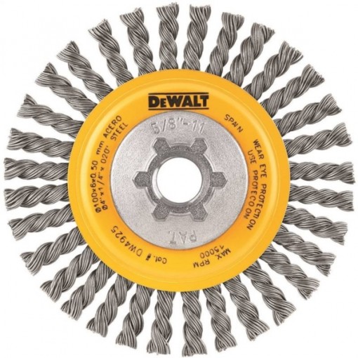 DeWALT DW4925 Wire Wheel Brush, 0.02 in Dia Bristle, 5/8-11 Arbor/Shank, 4 in Dia