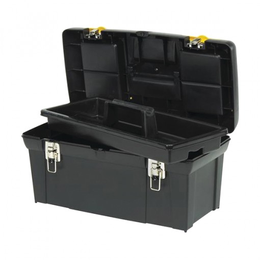 STANLEY 024013S Tool Box with Tray, 8.1 gal Storage, Soft-Grip Handle, Plastic, Black/Yellow