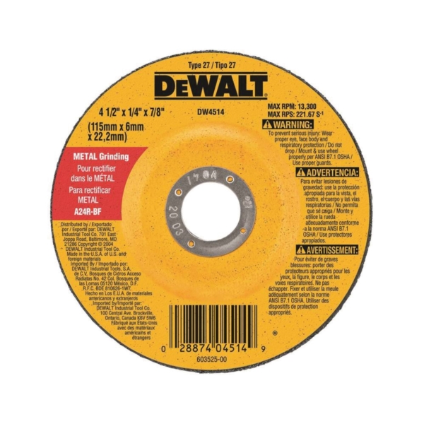 DeWALT DW4514 Depressed Center High Performance Type 27 Grinding Wheel 7 8 in Arbor 24 Grit Aluminum Oxide