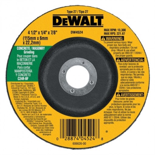 DeWALT DW4524 High Performance, Type 27 Grinding Wheel, 7/8 in Arbor, 24-Grit, Silicone Carbide, 4-1/2 in Dia