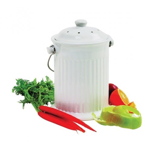 NORPRO 93 Compost Crock, 1 gal Capacity, Sturdy Stainless Steel Handle, Ceramic, White