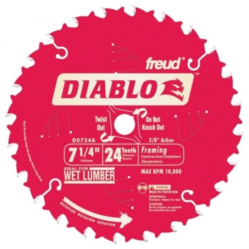 Diablo D0724A Circular Saw Blade, 7-1/4 in Dia, Carbide Cutting Edge, 5/8 in Arbor