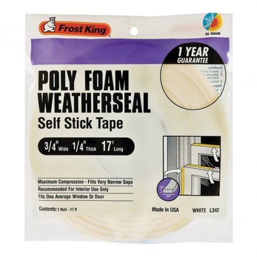 Frost King L342H Foam Tape, 17 ft L, 1/4 in Thick, Polyfoam, White