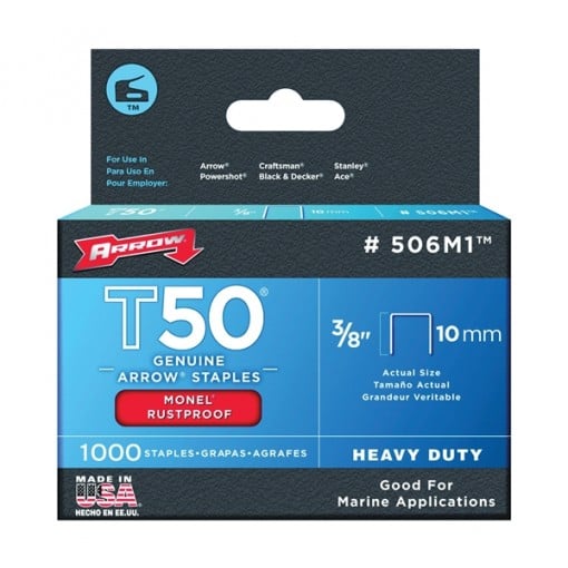 Arrow 506M1 Staple, T50 Staple, 3/8 in W Crown, Monel Staple