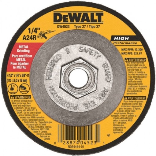 DeWALT DW4523 Depressed Center, High Performance, Type 27 Grinding Wheel, 5/8-11 in Arbor, 24-Grit, Aluminum Oxide