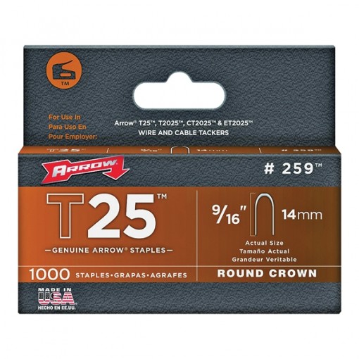 Arrow T25 Series 259 Round Crown Staple, 9/16 in L Leg, Pack