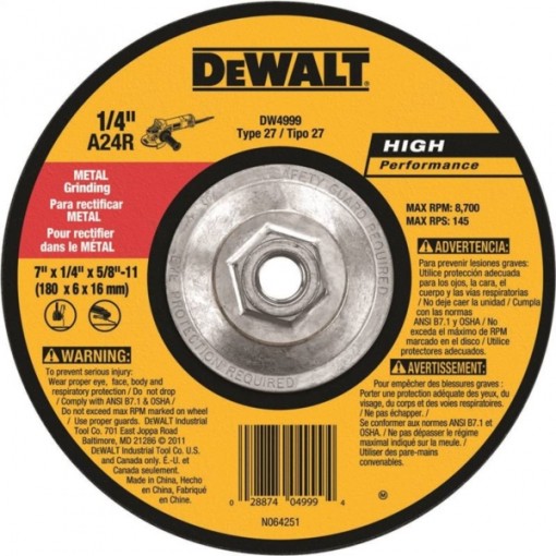 DeWALT DW4999 Depressed Center, High Performance, Type 27 Grinding Wheel, 5/8-11 in Arbor, 24-Grit, Aluminum Oxide