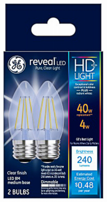 GE Reveal HD+ Decorative LED Light Bulbs, Clear, Dimmable, 240 Lumens, 4 Watts, 2-Pk.