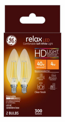 GE Relax Decorative HD LED Light Bulbs, Soft White, Clear, Candelabra Base, 300 Lumens, 4-Watts, 2-Pk.