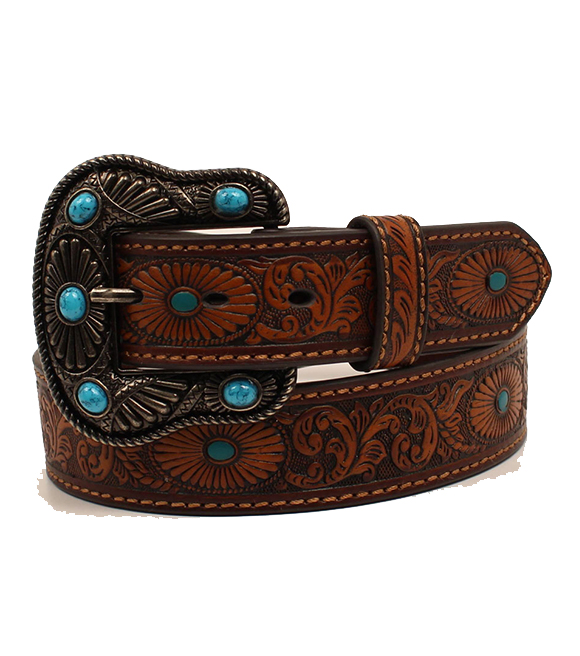 Nocona, Ladies Brown and Turquoise Tooled Leather Belt M&F Western ...