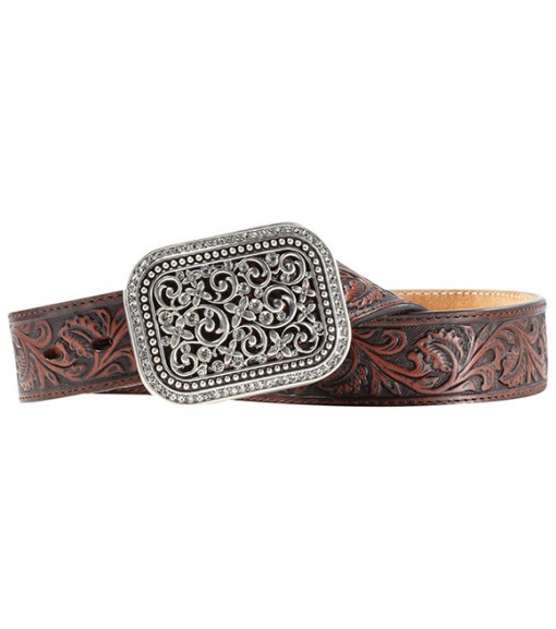 Ariat Ladies Brown Leather Tooled Belt Silver Western Buckle, A10006957