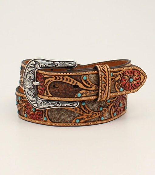Ariat Ladies Red Floral Cowhide Inlay with Turquoise Detail Belt, A1533008