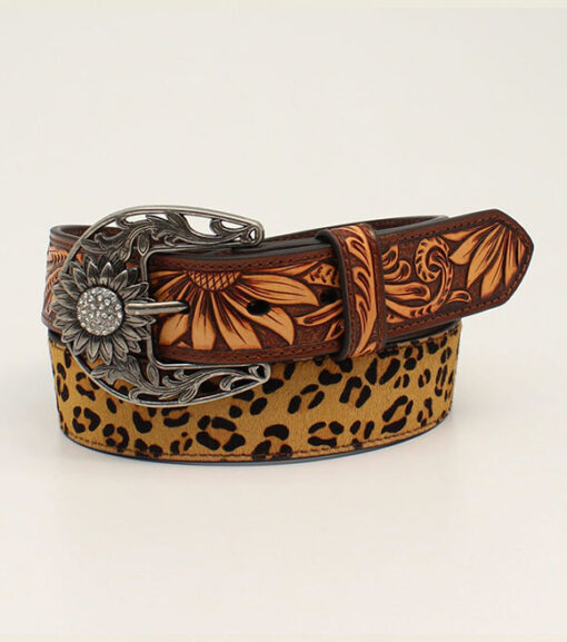 Angel Ranch Leopard Print Sunflower Tooled Leather Western Belt, D140001802