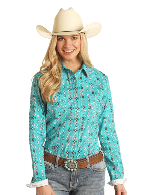Panhandle Ladies Turquoise Aztec Print Long Sleeve Western Snap Shirt, R4S3255