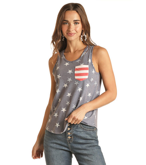 Rock and Roll Ladies Stars and Stripes Pocket Tank Top, RRWT20RZLW