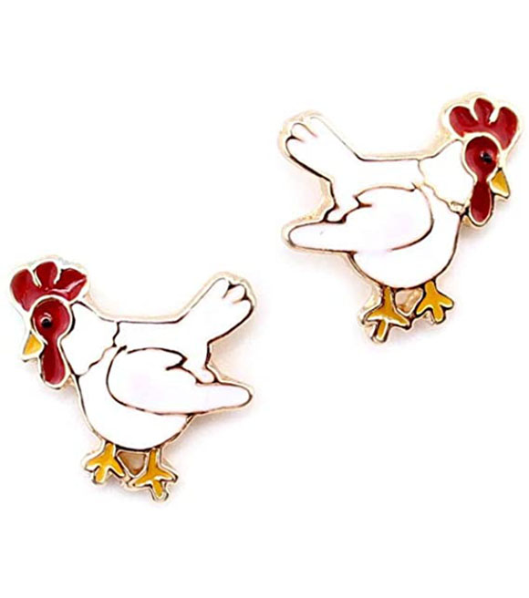 WYO-Horse Jewelry White Enamel Cornish Chicken Earrings, JE036WT