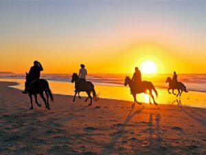 Sunset Horse Rise with 4 People on Sand