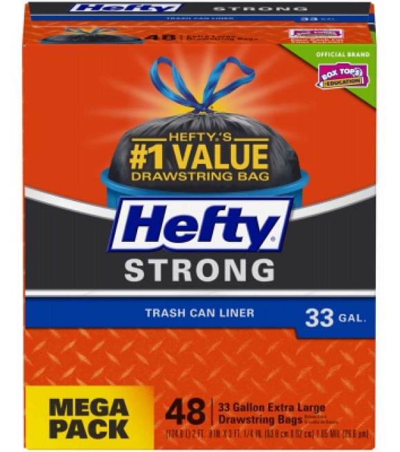 Hefty Strong 33-Gallon Extra Large Drawstring Bags Mega Pack, 48