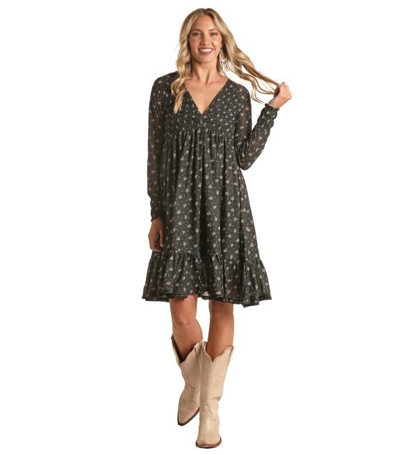 Panhandle, Ladies Black Smocked Floral Knit Dress, WLWRD2R0TD