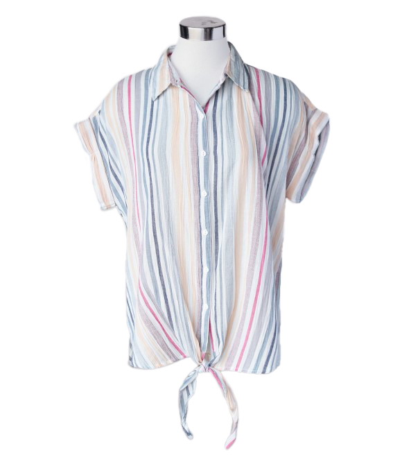 Keren Hart, Ladies' Multi-Colored Stripe Tie Short Sleeve Blouse, 74033 ...