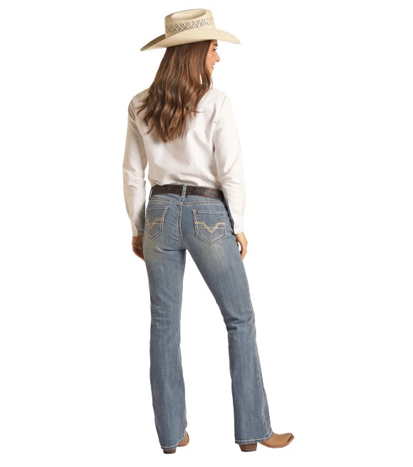 Rock & Roll, Ladies Mid Rise Stretch Bootcut Ridding Jeans, RRWD4RR0XN