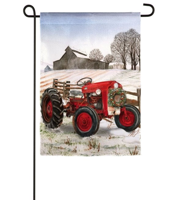 Evergreen, Winter Red Tractor Garden Flag Wilco Farm Stores