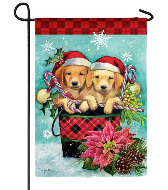 Evergreen, Christmas Puppy Bucket Suede Garden Flag, 18