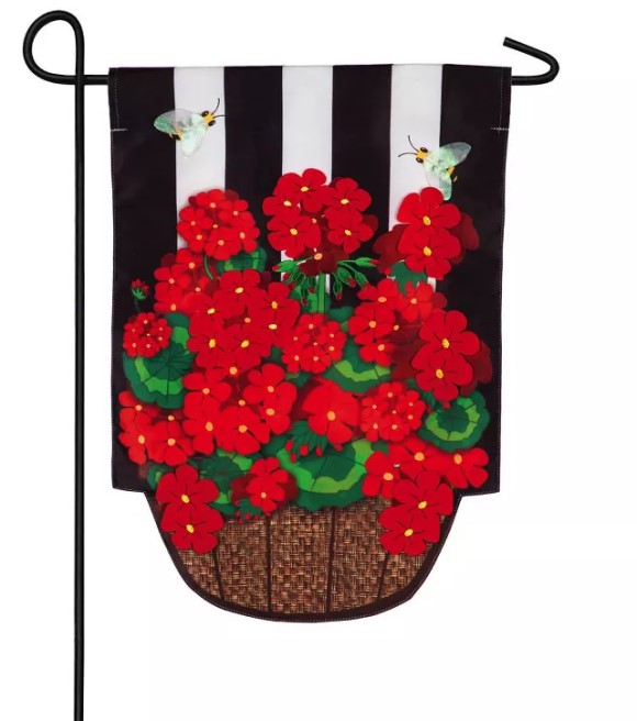 Evergreen, Geranium Basket Stripe Garden Applique Flag, 18"