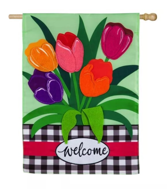 Evergreen, Welcome Spring Tulips House Applique Flag, 44"