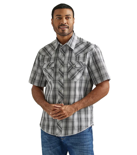 Wrangler, Men's Grey Western Fashion Plaid Snap Short Sleeve Shirt