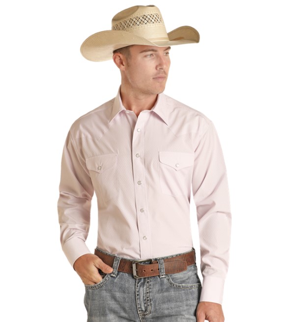 Panhandle, Men's Baby Pink Satin Dobby Long Sleeve Snap Shirt ...