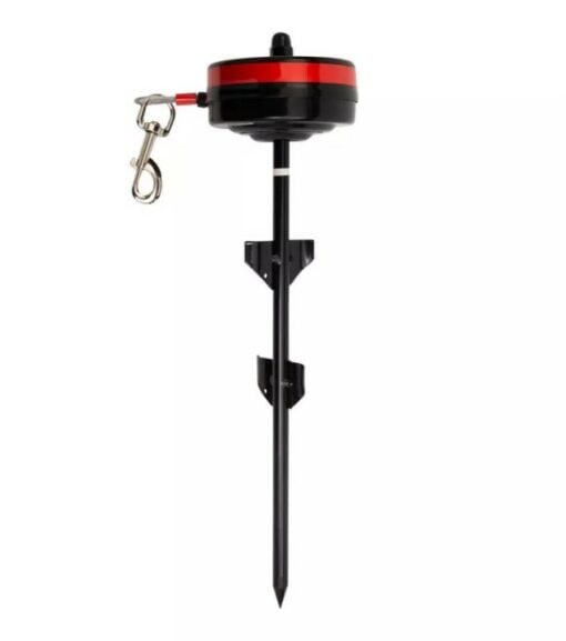 Retractable tie out store reel with bracket