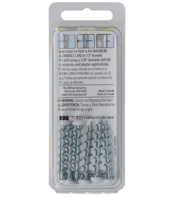 Hillman, 1.25" Borefast White Phillips PanHead Screw Anchors, 6 pk