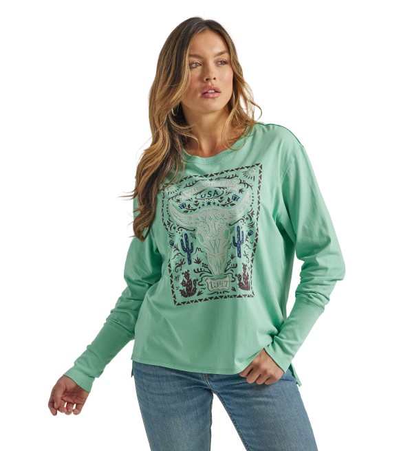 Wrangler, Ladies Green Relaxed Graphic Long Sleeve Tee, 112335497 ...