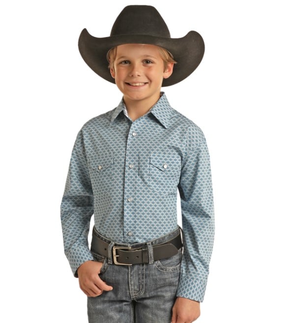 Panhandle, Boy's Blue Geo Print Long Sleeve Snap Shirt, PBN2S02323 ...