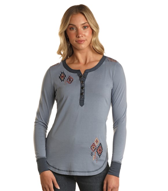 Rock & Roll, Ladies Aztec Embroidery Henley Shirt - Wilco Farm Stores