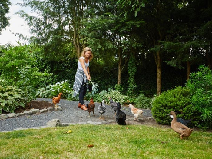 A woman in her garden with her chickens.