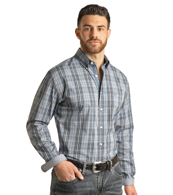 Panhandle, Men's Navy Rough Stock Ombre Plaid Long Sleeve Shirt - Wilco ...