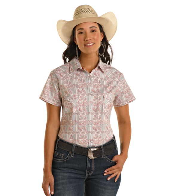 Panhandle, Ladies Rough Stock Grey Paisley Snap Short Sleeve Shirt ...