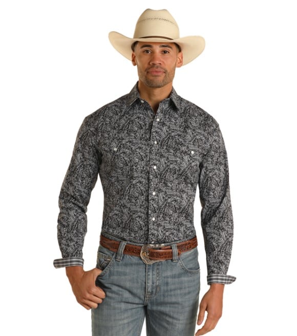 Panhandle, Men's Rough Stock Black Distressed Paisley Snap Long Sleeve ...