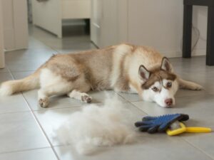 A dog sitting in front of a pile of dog fur and grooming tools during dog shedding season.
