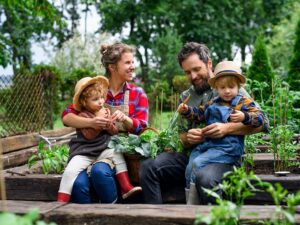 Family with small children gardening