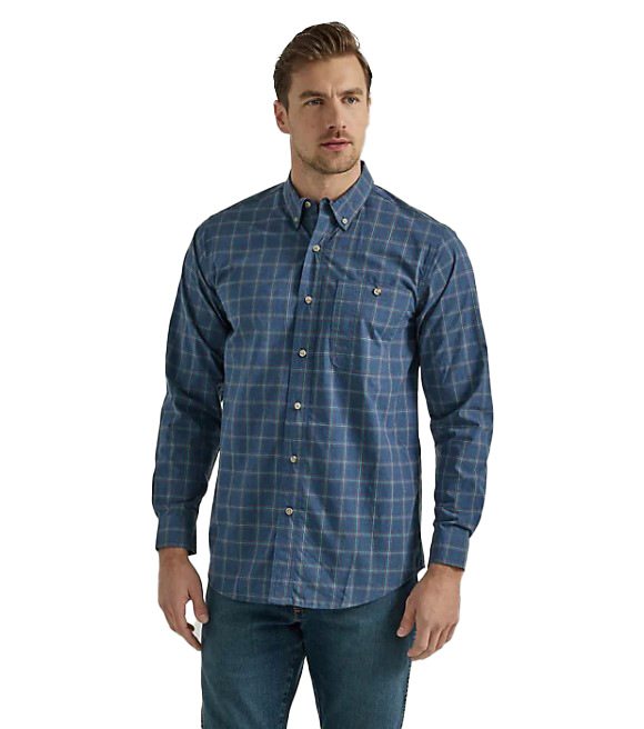 Wrangler, Men's Blue Rugged Wear Wrinkle Resist Plaid Long Sleeve ...