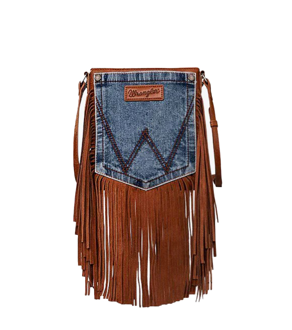 Wrangler, Brown Fringe Jean Denim Pocket Crossbody Bag - Wilco Farm Stores