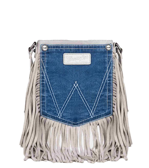 Wrangler, Beige Fringe Jean Denim Pocket Crossbody Bag - Wilco Farm Stores